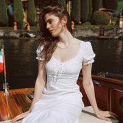 AZURIERA|White Corset-Front Puff Sleeve Dress – Summer Midi Romance