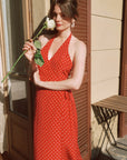 AZURIERA|Silk Polka Dot Halter Wrap Dress – Red Backless Midi