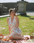 AZURIERA|Silk Cherry Print Halter Dress – Vintage Picnic Mini Dress