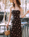 AZURIERA|Silk Rosebud Lace-Up Midi Dress – Open Back Floral Slip