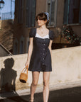 AZURIERA Macy Dress: French-Inspired Navy Polka Dot Mini Dress