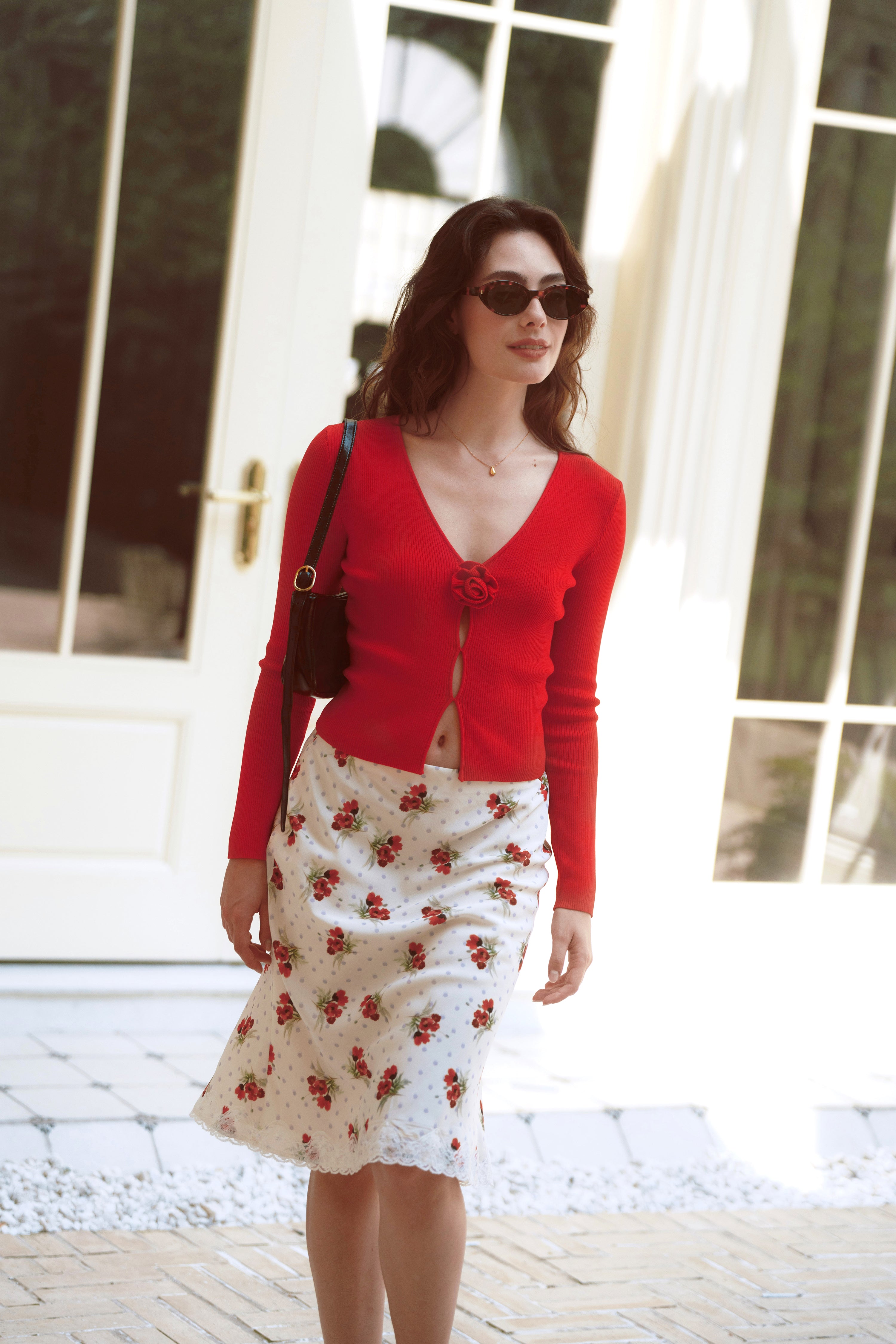 AZURIERA Susy Silk Skirt – Floral Polka Dot Bias Cut Lace Hem