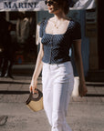 AZURIERA Sage Blouse: French Square Navy Neck Polka Dot Silk Blouse