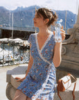 AZURIERA|Silk Blue Floral Wrap Mini Dress – Romantic Short Summer Dress