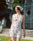 AZURIERA|Silk Cherry Print Halter Dress – Vintage Picnic Mini Dress