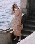 AZURIERA|Silk Pastel Leaf Print Slip Dress – Summer Midi Elegance