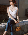 AZURIERA Carmen Top|French-Inspired Cotton Camisole Top with Lace Trim | Adjustable Back Ties