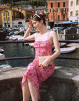 AZURIERA|Silk Blush Floral Lace-Up Dress – Pink Open Back Midi