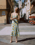 AZURIERA|Silk Citrus Print Slip Dress – Blue Summer Midi Dress