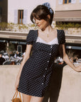 AZURIERA Macy Dress: French-Inspired Navy Polka Dot Mini Dress