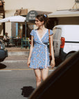 AZURIERA|Silk Blue Floral Wrap Mini Dress – Romantic Short Summer Dress