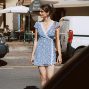 AZURIERA|Silk Blue Floral Wrap Mini Dress – Romantic Short Summer Dress