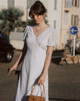 AZURIERA | Ablott Silk Dress | French White Polka Dot Wrap Dress