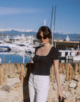 AZURIERA Sage Blouse: French Square Navy Neck Polka Dot Silk Blouse