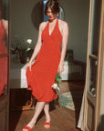 AZURIERA|Silk Polka Dot Halter Wrap Dress – Red Backless Midi