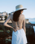 AZURIERA Cecil Dress | Textured Cotton Summer White Dress - Adjustable Back Ties & Bateau Neck.