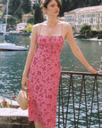 AZURIERA|Silk Blush Floral Lace-Up Dress – Pink Open Back Midi
