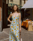 AZURIERA|Silk Citrus Print Slip Dress – Blue Summer Midi Dress