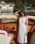 AZURIERA|Lois Silk White Polka Dot Halter Midi Wrap Dress