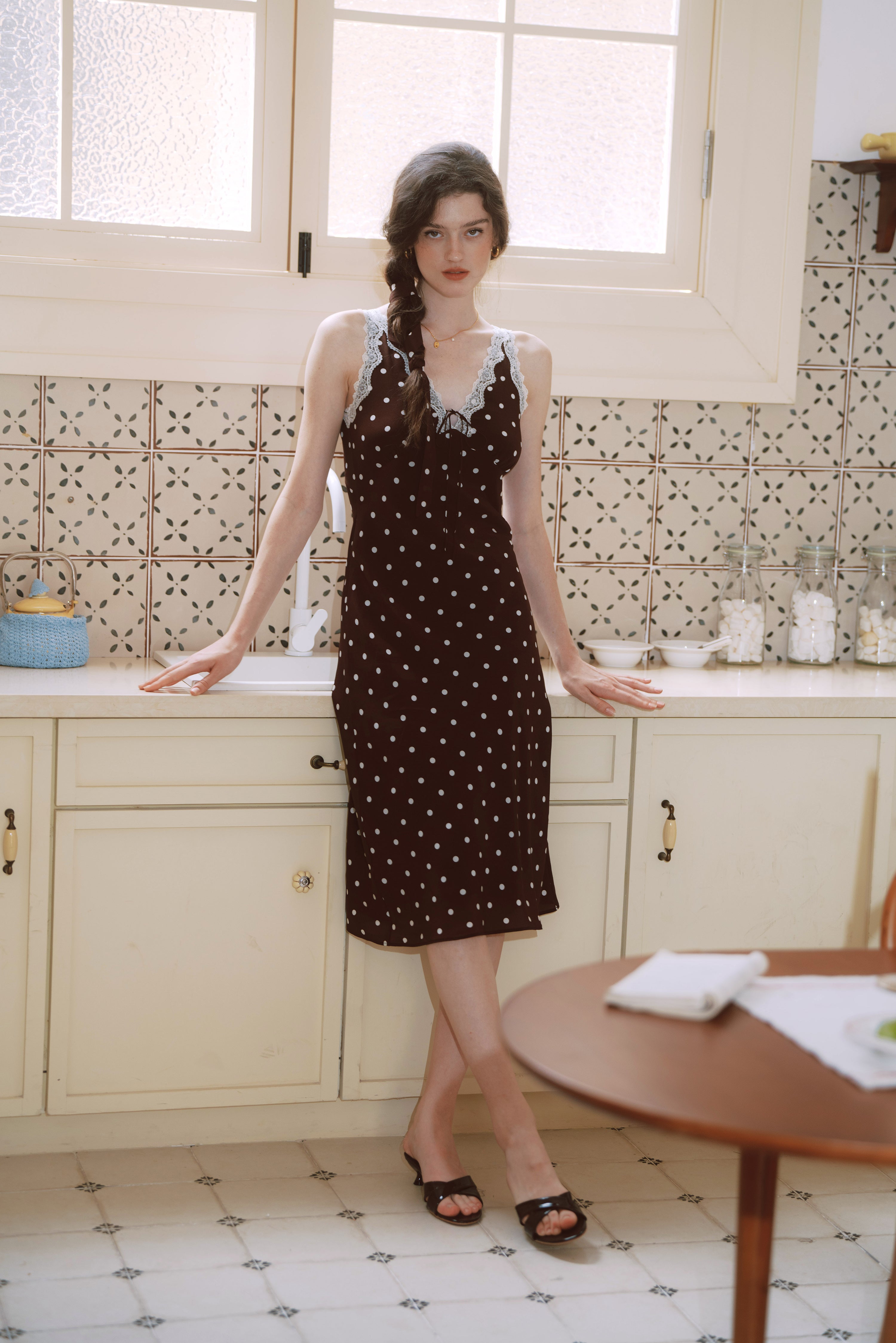 AZURIERA Marie Silk Polka Dot Slip Dress with Lace Trim