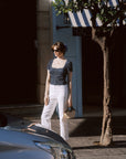 AZURIERA Sage Blouse: French Square Navy Neck Polka Dot Silk Blouse