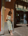 AZURIERA|Silk Citrus Print Slip Dress – Blue Summer Midi Dress