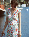 AZURIERA|Silk Cherry Wrap Mini Dress – Romantic Summer floral dress