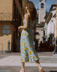 AZURIERA|Silk Citrus Print Slip Dress – Blue Summer Midi Dress