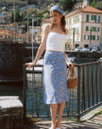 AZURIERA|Silk Floral Midi Skirt – Summer Blue A-line Skirt