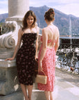 AZURIERA|Silk Rosebud Lace-Up Midi Dress – Open Back Floral Slip