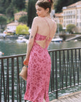 AZURIERA|Silk Blush Floral Lace-Up Dress – Pink Open Back Midi