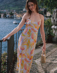 AZURIERA|Silk Pastel Leaf Print Slip Dress – Summer Midi Elegance