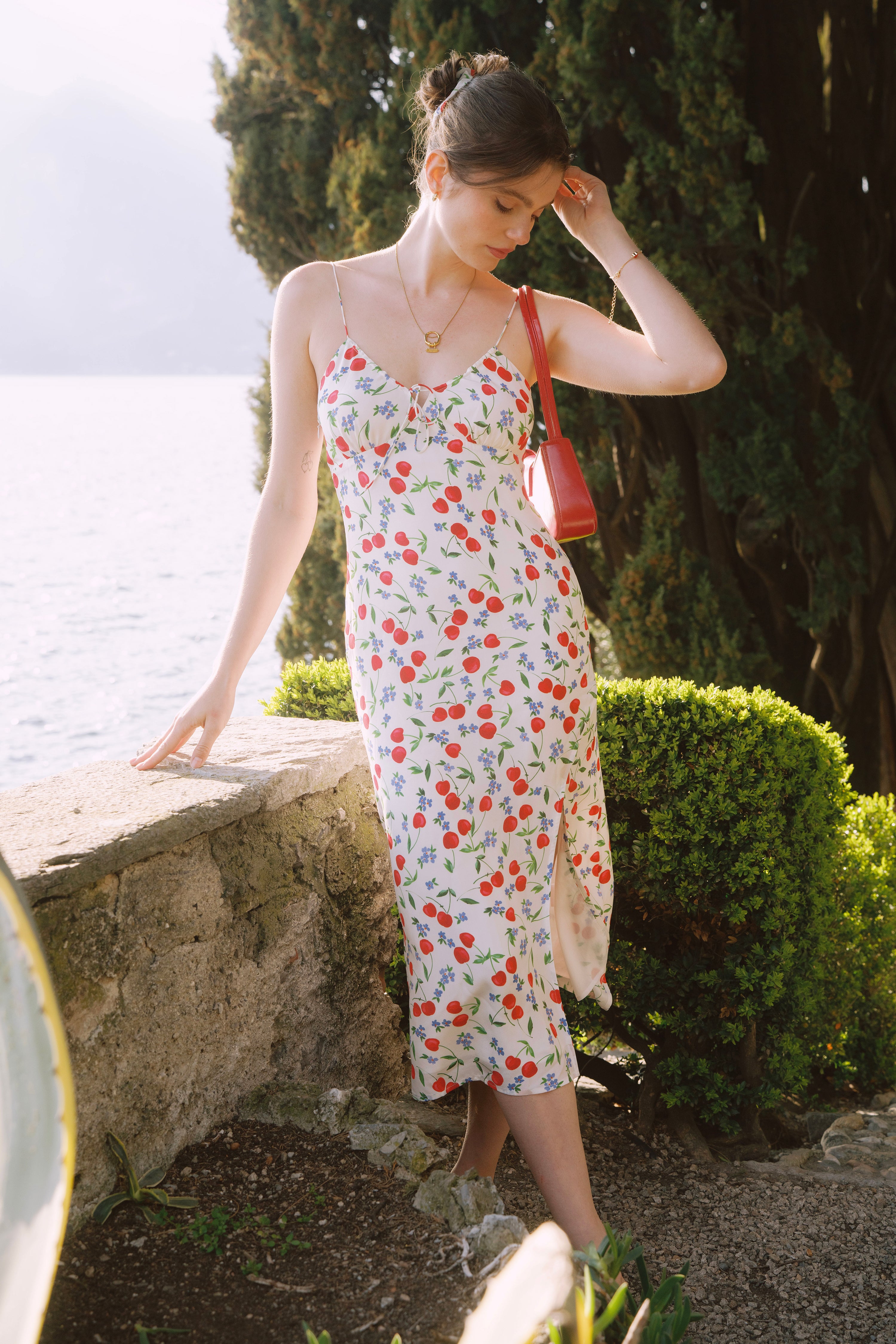 AZURIERA｜Silk Cherry Print Slip Dress – Floral Summer Midi Dress