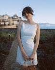 AZURIERA Cecil Dress | Textured Cotton Summer White Dress - Adjustable Back Ties & Bateau Neck.