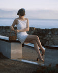 AZURIERA Cecil Dress | Textured Cotton Summer White Dress - Adjustable Back Ties & Bateau Neck.