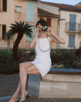 AZURIERA Cecil Dress | Textured Cotton Summer White Dress - Adjustable Back Ties & Bateau Neck.