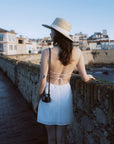 AZURIERA Cecil Dress | Textured Cotton Summer White Dress - Adjustable Back Ties & Bateau Neck.