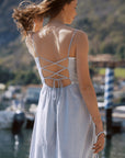 AZURIERA|Blue Gingham Lace-Up Dress – Eco Cotton Summer Midi
