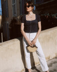 AZURIERA Sage Blouse: French Square Navy Neck Polka Dot Silk Blouse