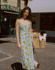 AZURIERA|Silk Citrus Print Slip Dress – Blue Summer Midi Dress