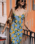 Citrine Lemon Printed Silk Dress|AZURIERA