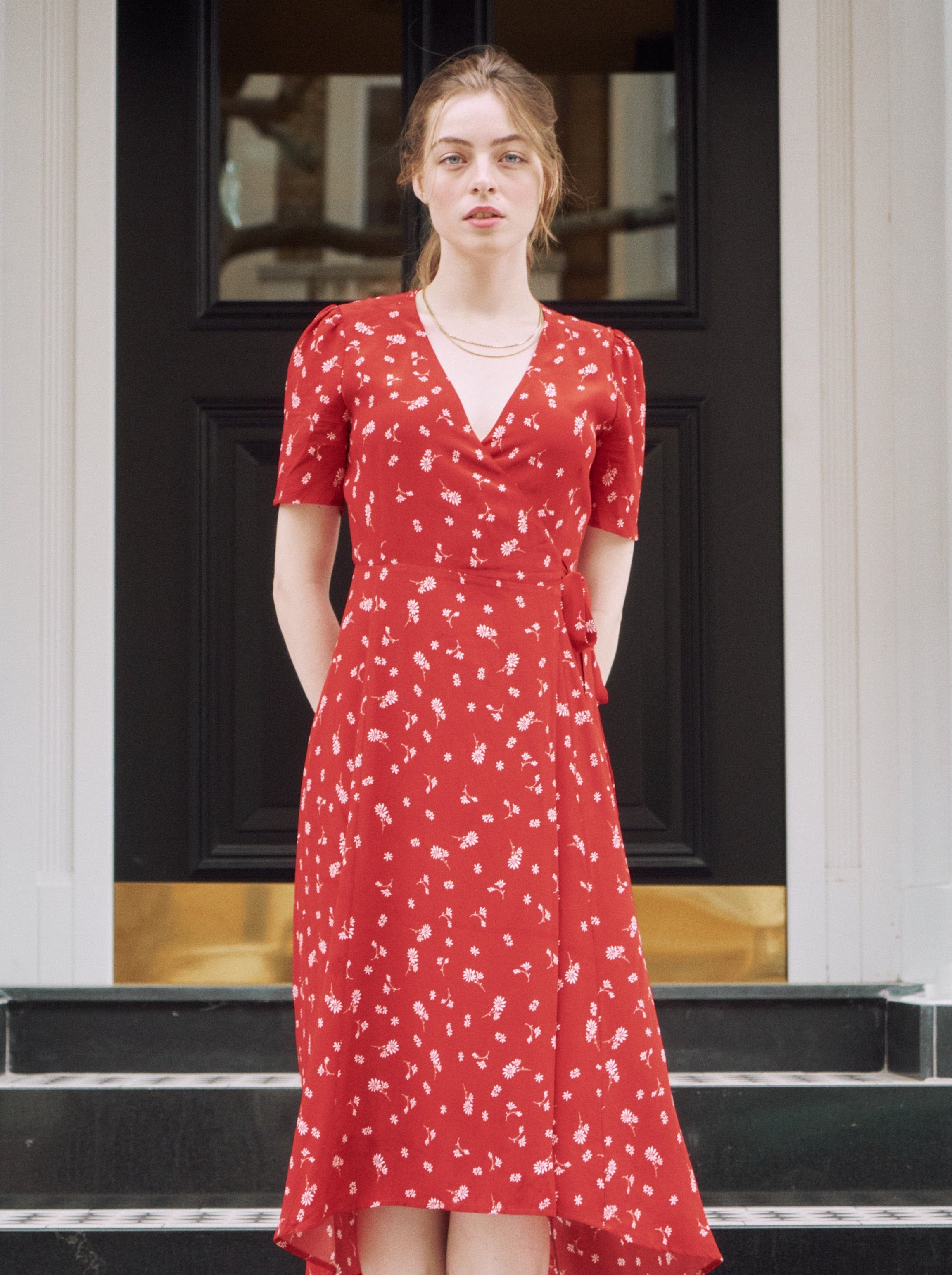 Floral red shop wrap dress