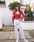 Women's Red Floral Silk Top|Azuriera