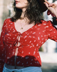 Women's Red Floral Silk Top|Azuriera