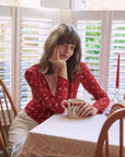 Women's Red Floral Silk Top|Azuriera