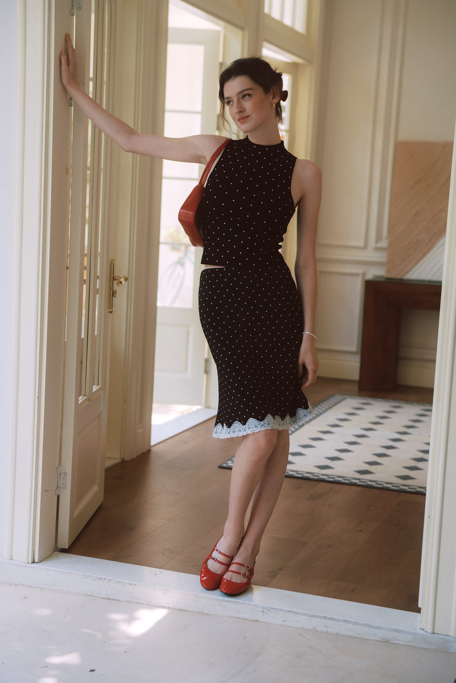 AZURIERA Ivory Knit Top – Polka Dot Mock Neck Sleeveless