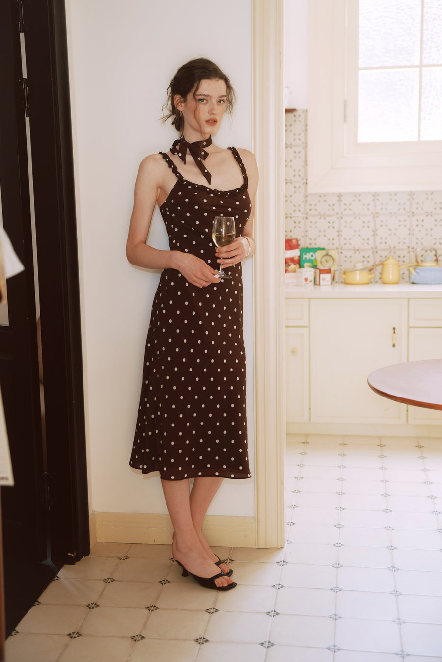 AZURIERA Floy Silk Polka Dot Slip Dress with Ruffle Trim