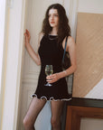 AZURIERA Carolyn Knit Black Mini Dress with Lace & Wave Hem