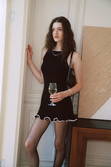 AZURIERA Carolyn Knit Black Mini Dress with Lace & Wave Hem