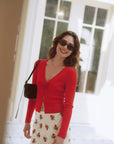 AZURIERA Roma Knit Top – Red V Neck Cardigan with Floral Detail